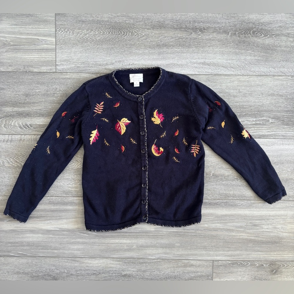 Vintage Navy Red Gold Embroidered Leaves Christopher & Banks Cardigan Size Small